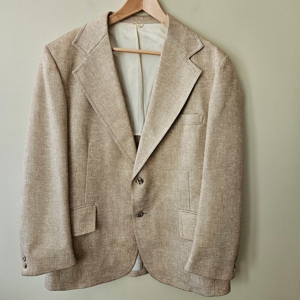 Vintage 70s Men's Blazer Size 42R Tan Polyester Wide Lapel